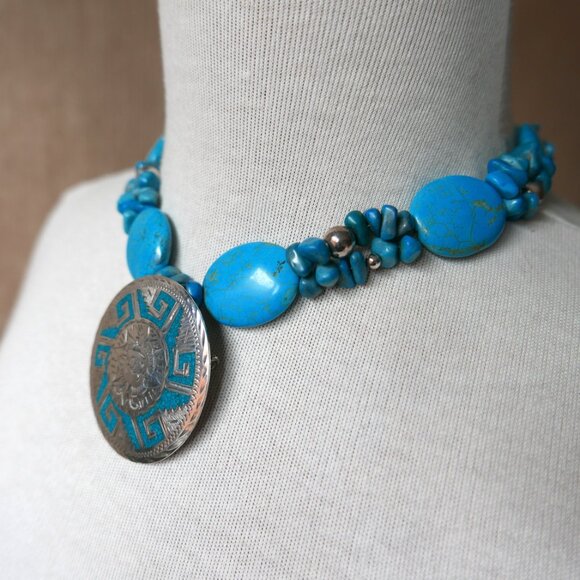 Inlaid Aztec Calendar Pendant and Turquoise Necklace - Picture 8 of 10